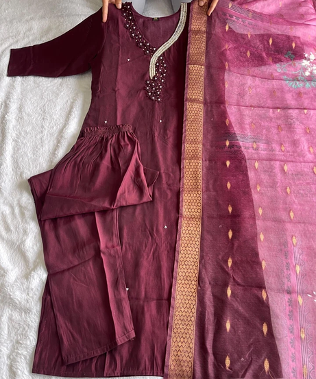 Trending Women's wear Full Stitched Premium Roman SilkTop Pant & Dupatta Set