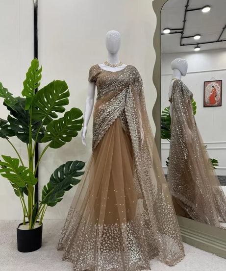 beautiful Wedding Soft Net Sequence Work Saree,Party Function Wear Sari & Blouse