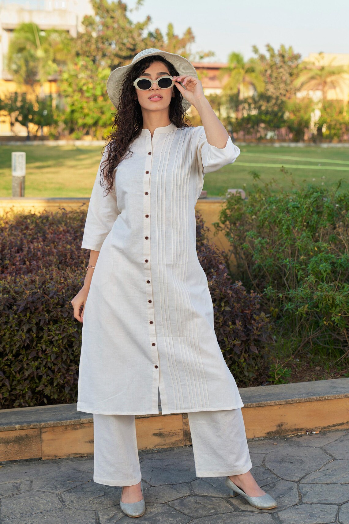Linen Pleated Kurta Set Kurta Salwar Set for women