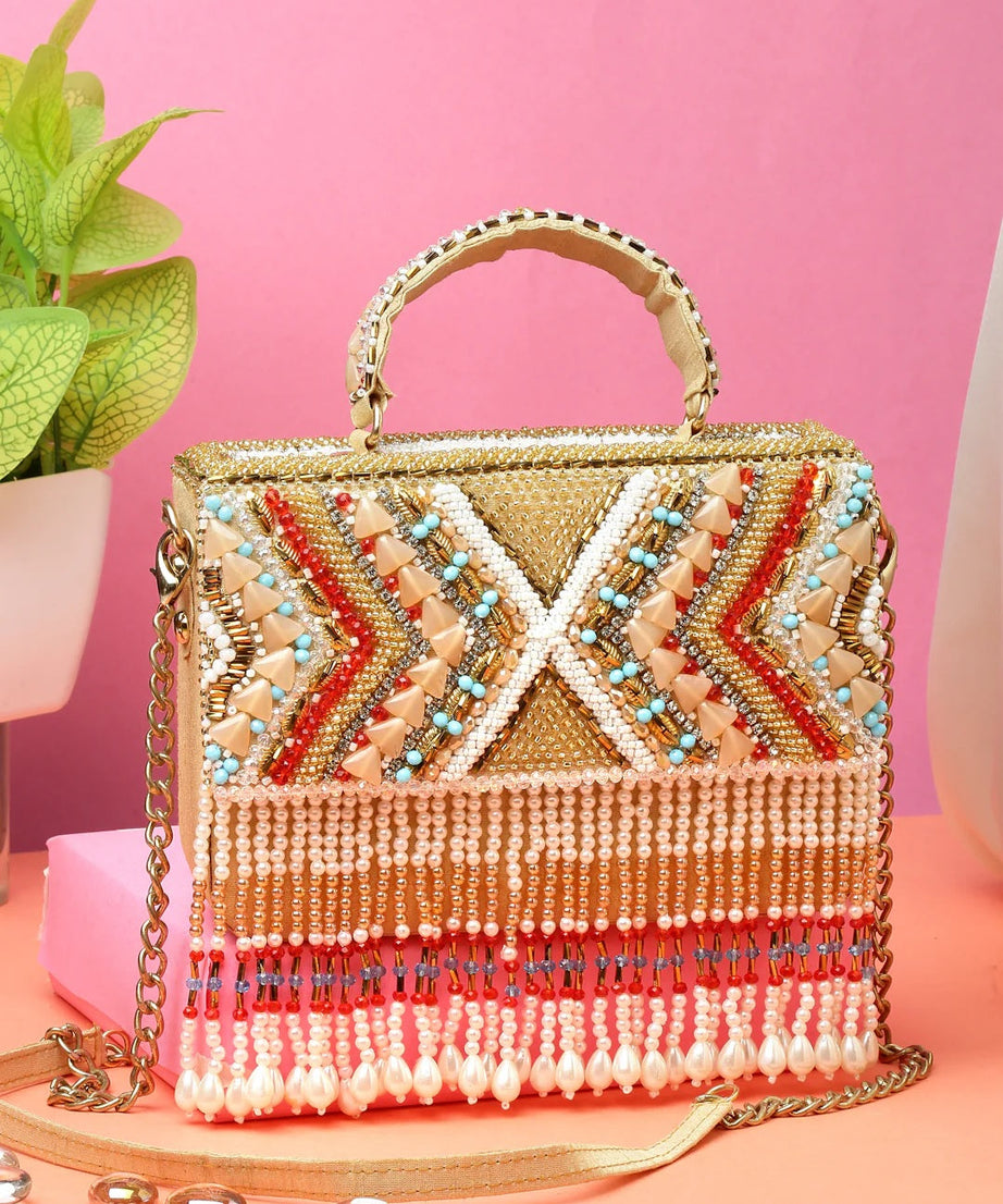 Dangle Bead Work Embellished Faux Silk Clutch