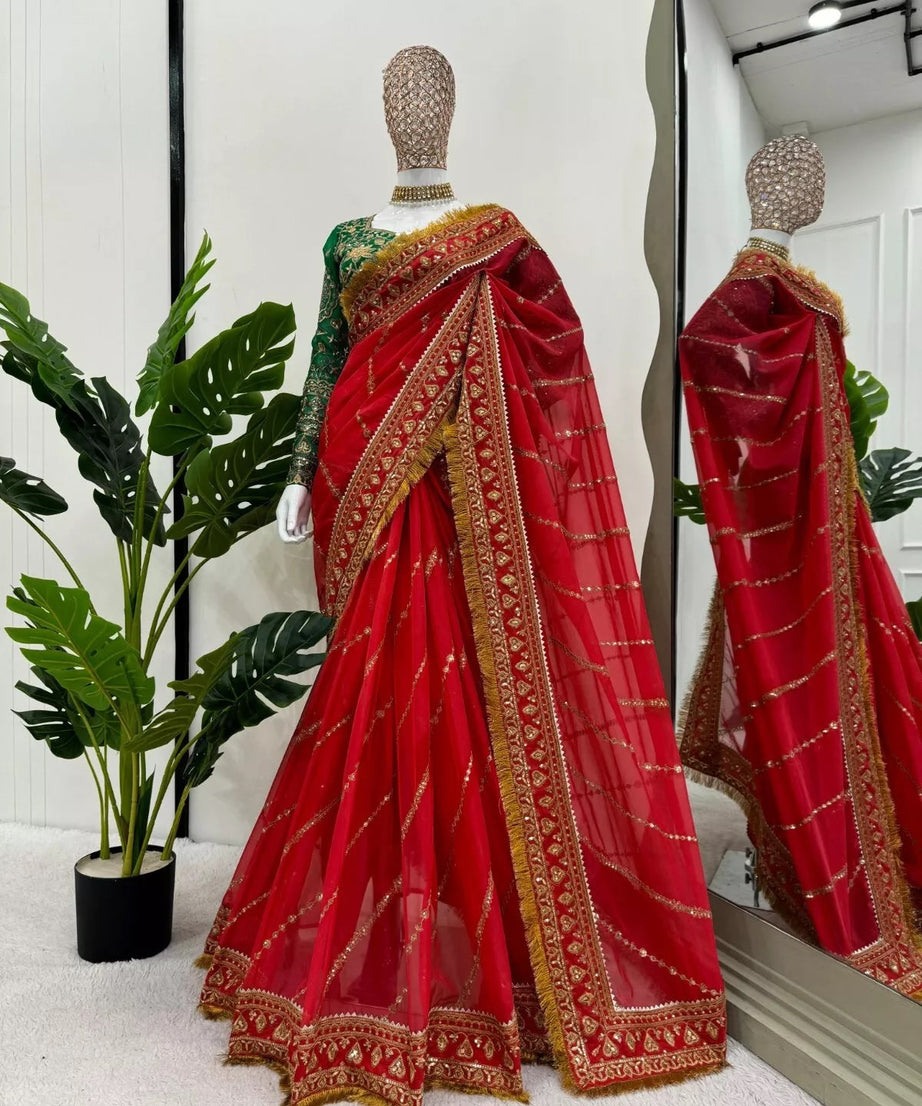 Red Organza Silk With  Sequence Work Sari Blouse