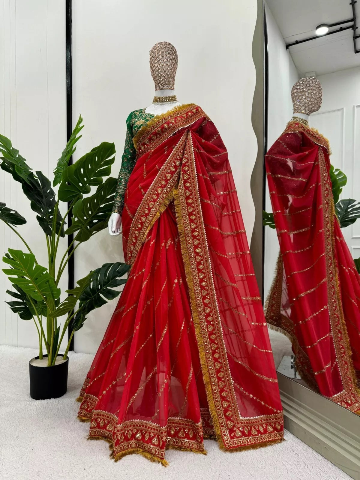 Red Organza Silk With  Sequence Work Sari Blouse