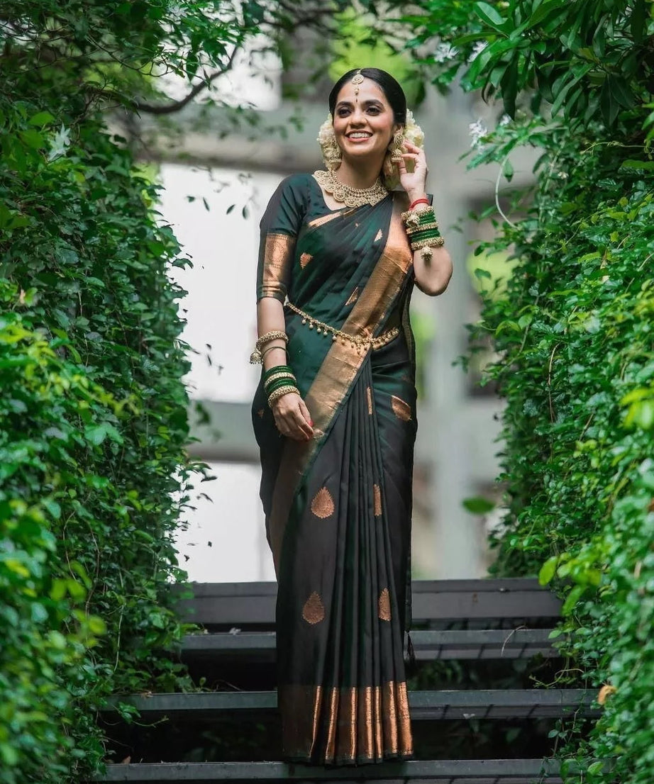 Dark Green Soft Lichi Silk Indian Beautiful Saree Blouse