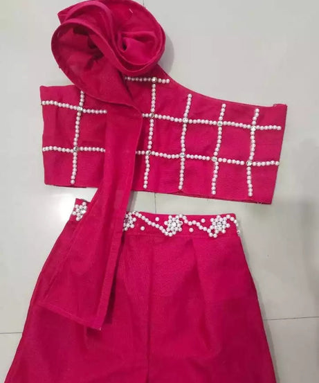 Elegant Bright Pink Cotton Palazzo and One-Shoulder Top Set