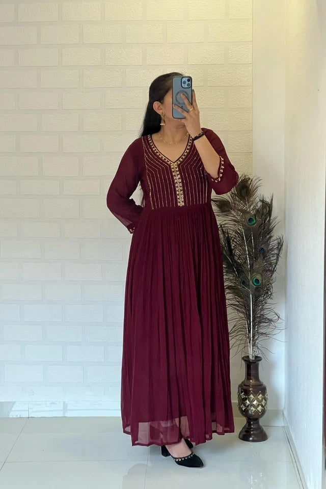 Full Stitched Traditional Wear Blooming Georgette Kurti Long Gown