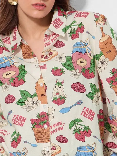 Cotton Linen Strawberry Women Boyfriend Shirts