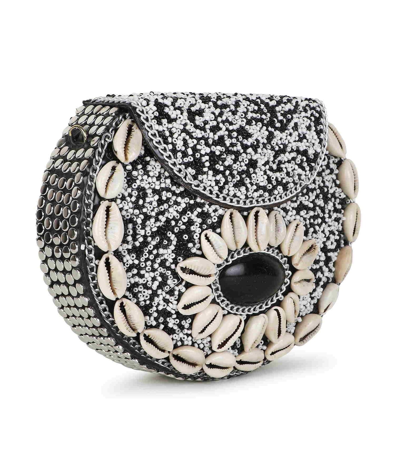 Mosaic Shell Embellished Metal Clutch