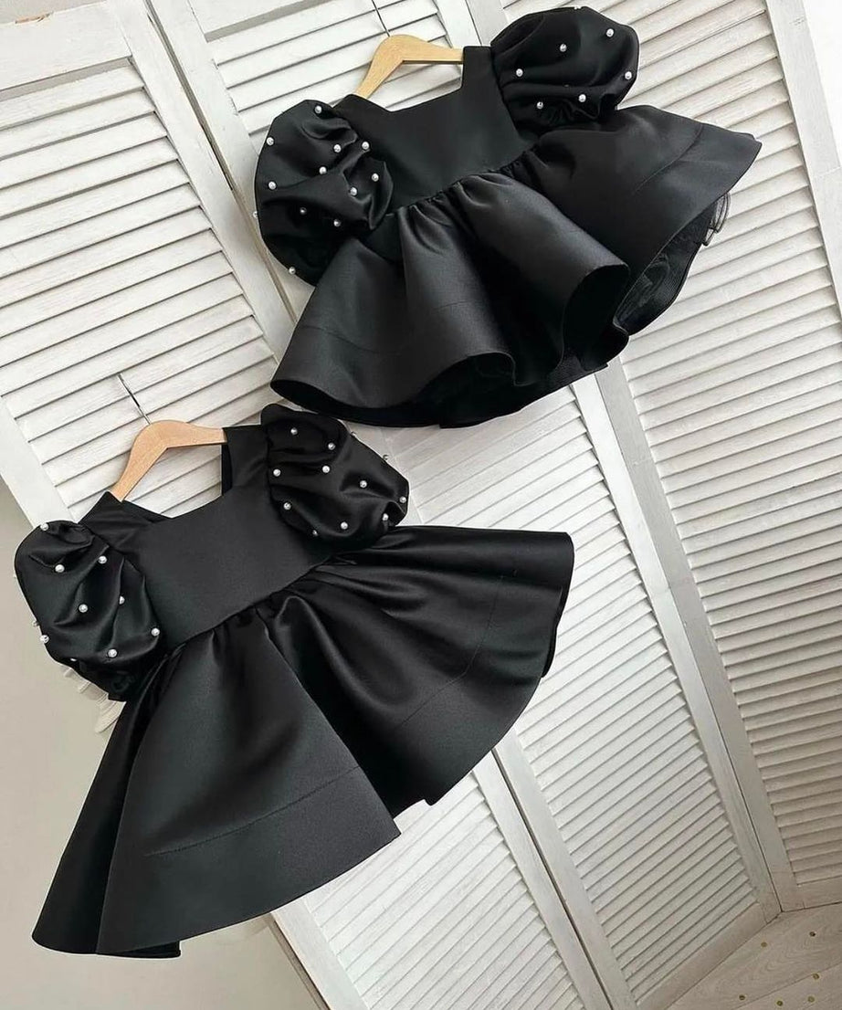 Baby girl pink dress with puff pearls sleeves