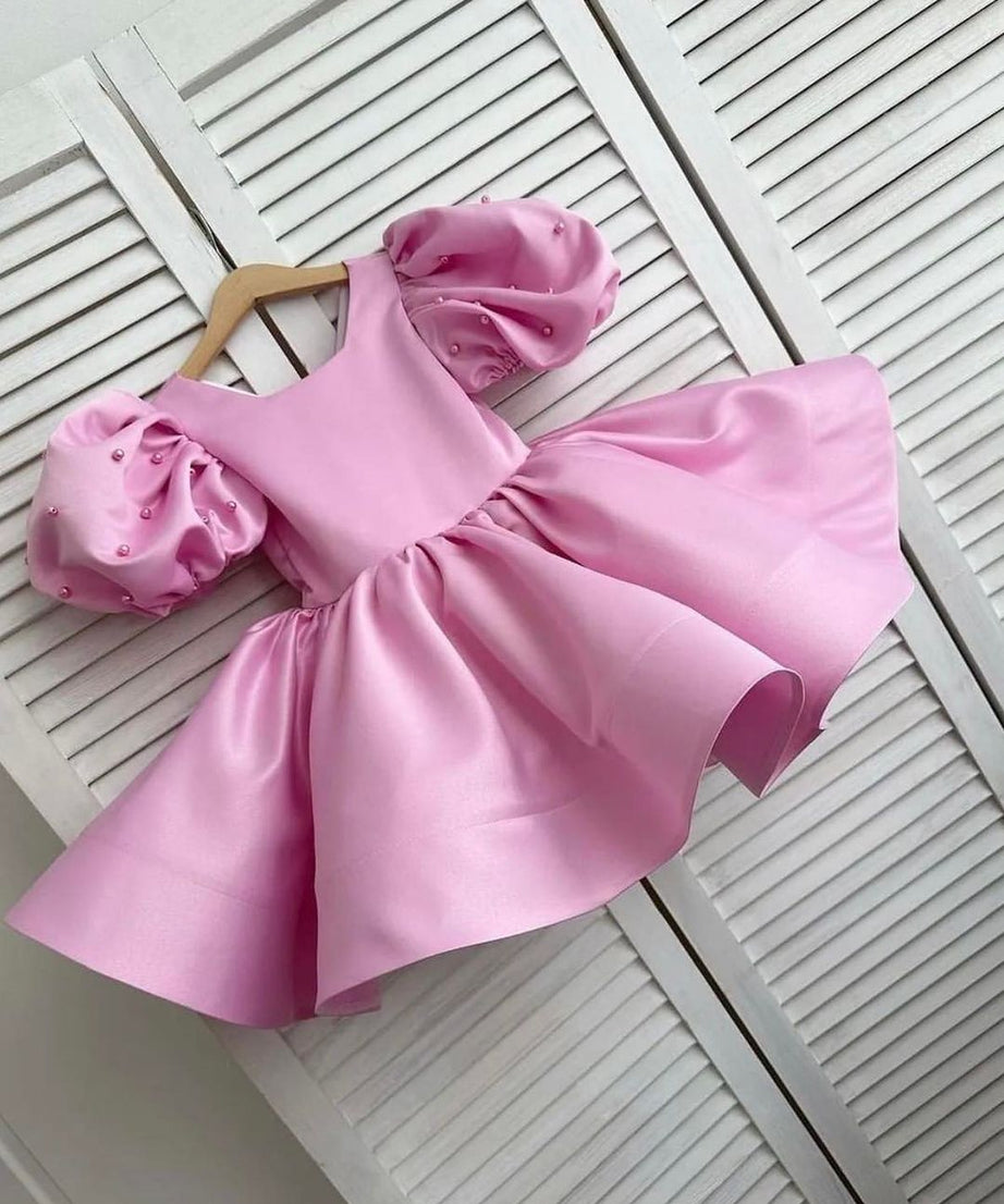 Baby girl pink dress with puff pearls sleeves