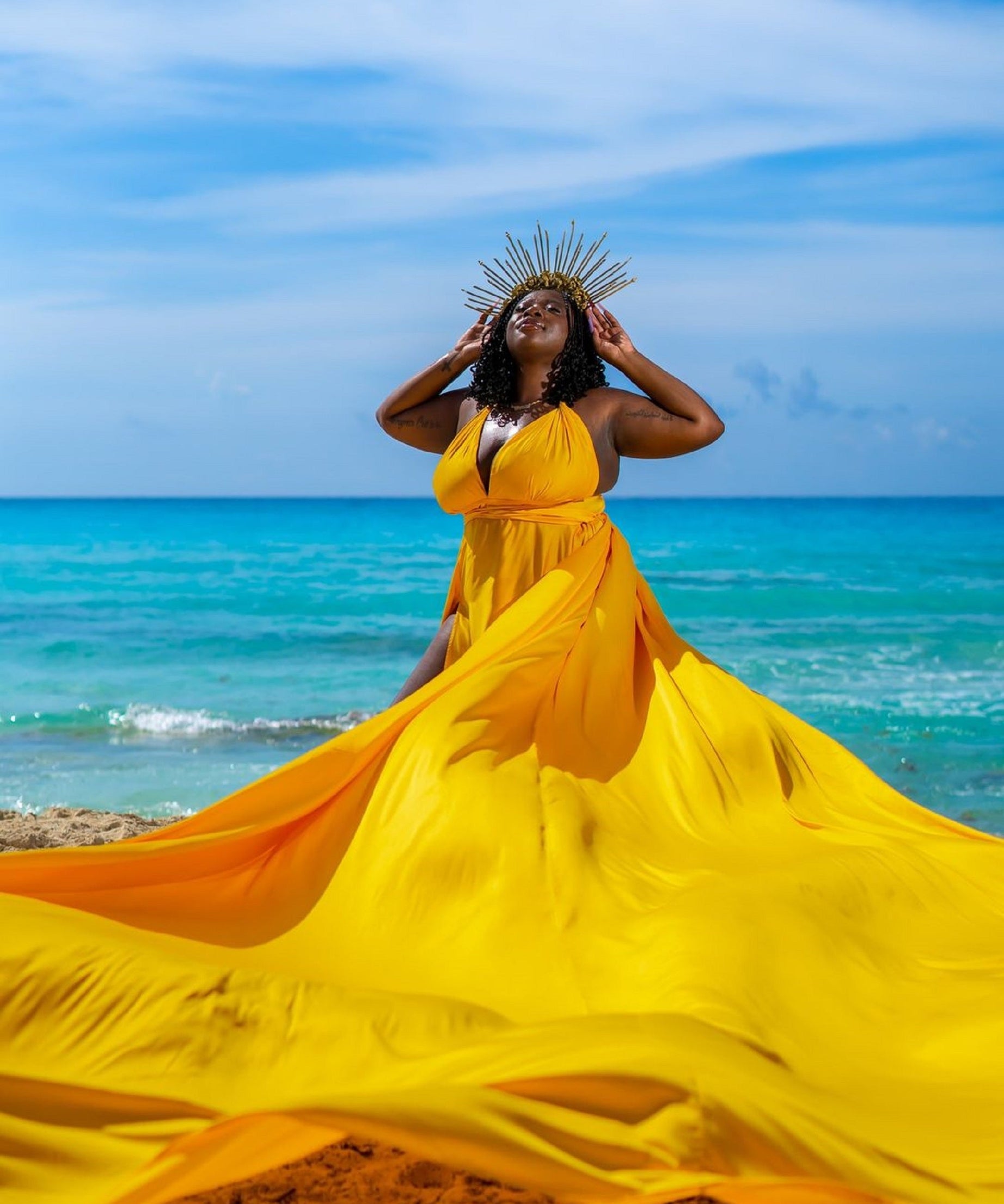 long Satin yellow dress, Flying satin dress, Long train dress