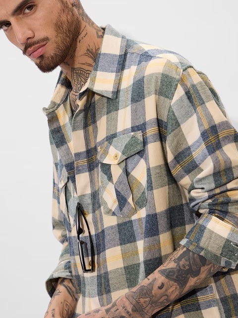 Plaid Blue, Green, and Yellow Men Utility Shirts