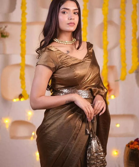 Golden Shaded Soft Shining Saree, Classic Sari With Stitched Blouse