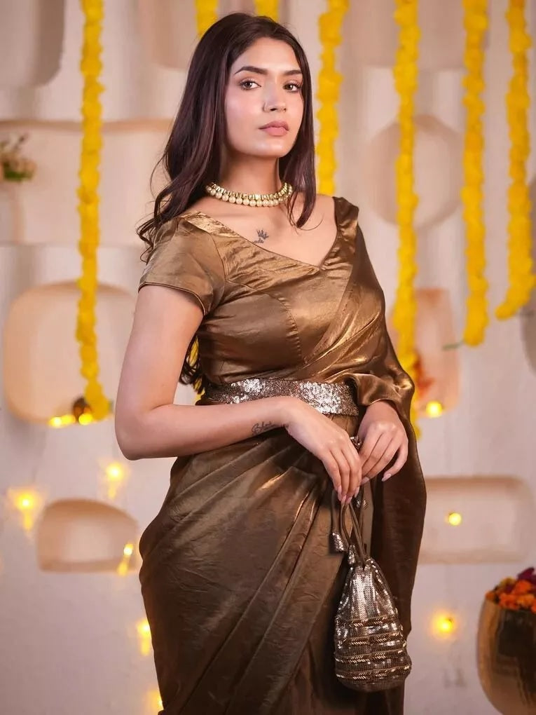 Golden Shaded Soft Shining Saree, Classic Sari With Stitched Blouse