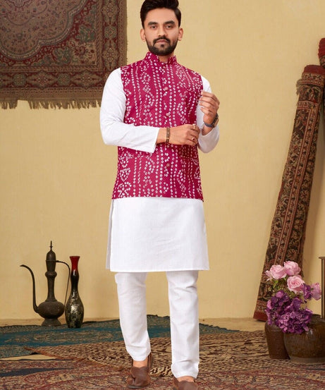 Men's Pure Cotton Bandhni Print Kurta Pajama Set