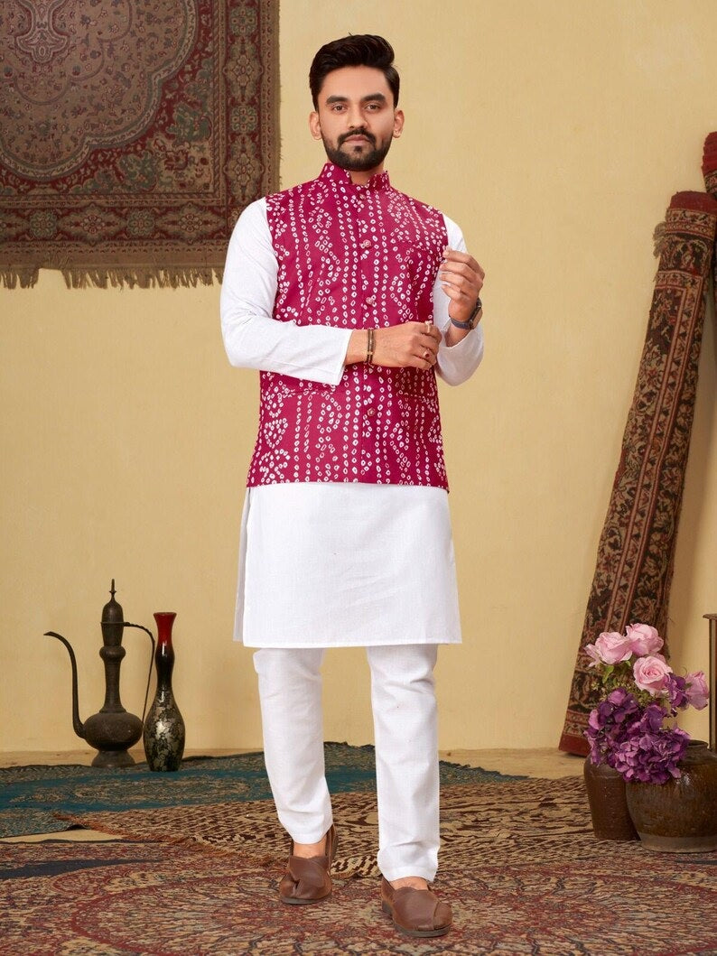Men's Pure Cotton Bandhni Print Kurta Pajama Set