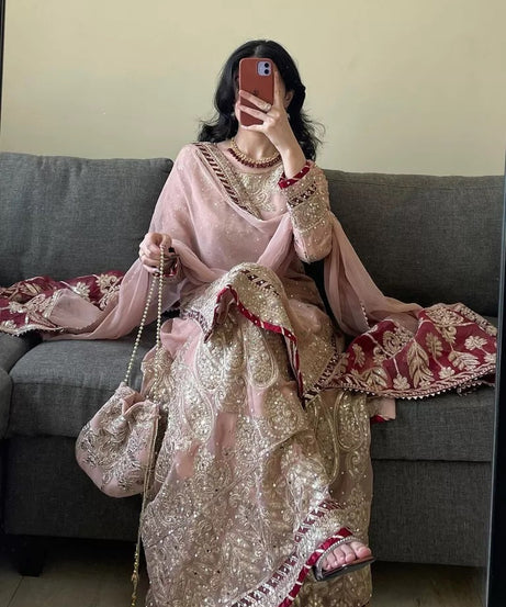 Indian Wedding Special Ethnic Stitched Faux Georgette Top Sharara Dupatta