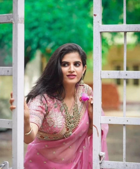 Pink Heavy Soft Tissue Organza Silk Saree, Wedding Wear Sari With Blouse