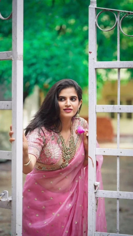 Pink Heavy Soft Tissue Organza Silk Saree, Wedding Wear Sari With Blouse