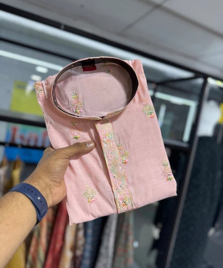 Traditional Silk Embroidery Kurta With Cotton Pajama Set For Men's, Wedding Wear Kurta Set