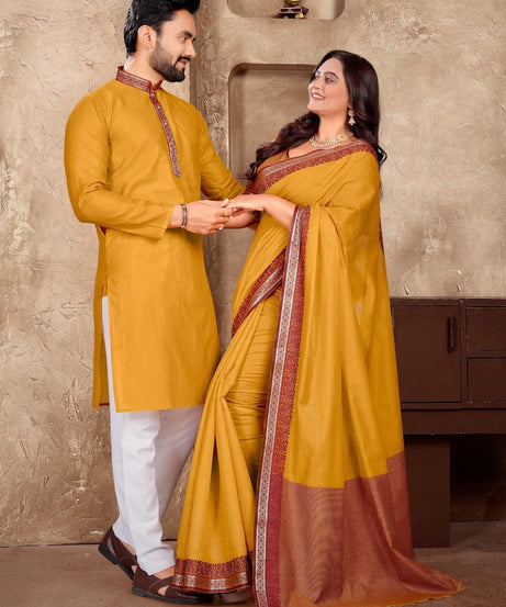 Linen Silk Kurta And Saree Set & Couple Combo Set