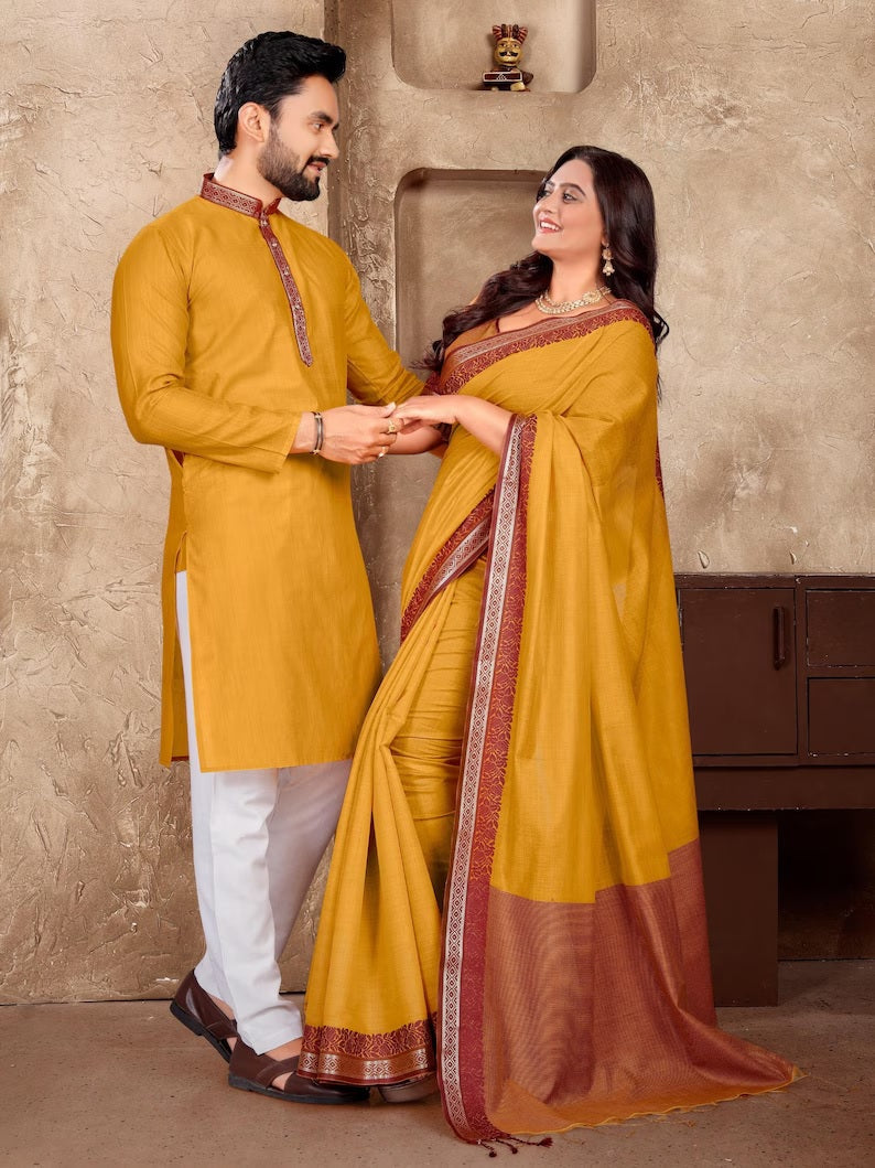 Linen Silk Kurta And Saree Set & Couple Combo Set
