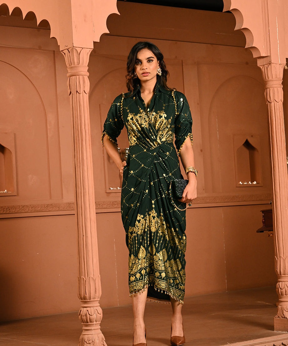 Designer Green Gold Embroidery Kaftan Dress for Women – Elegant Cocktail Party & Ethnic Fusion Wear