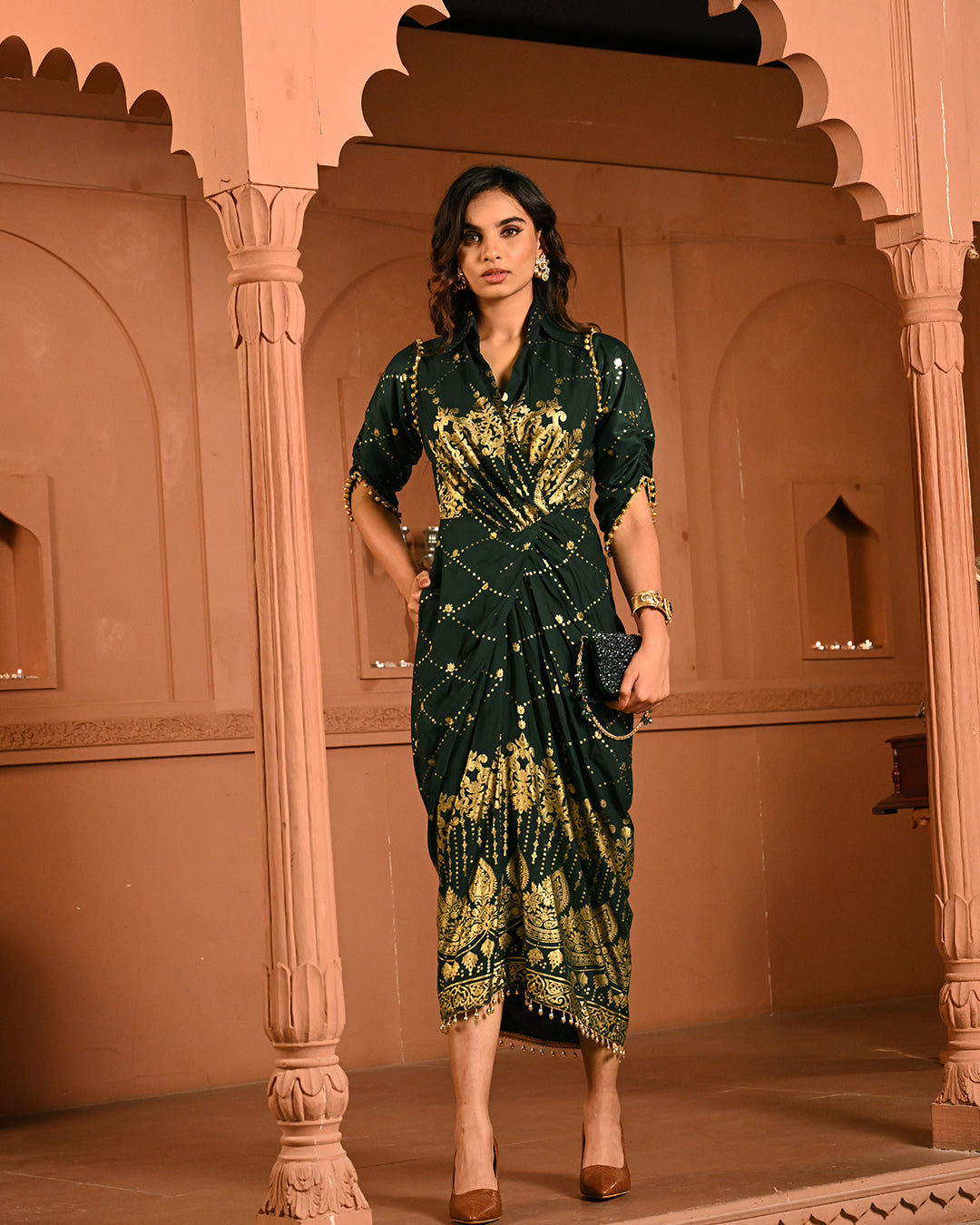 Designer Green Gold Embroidery Kaftan Dress for Women – Elegant Cocktail Party & Ethnic Fusion Wear