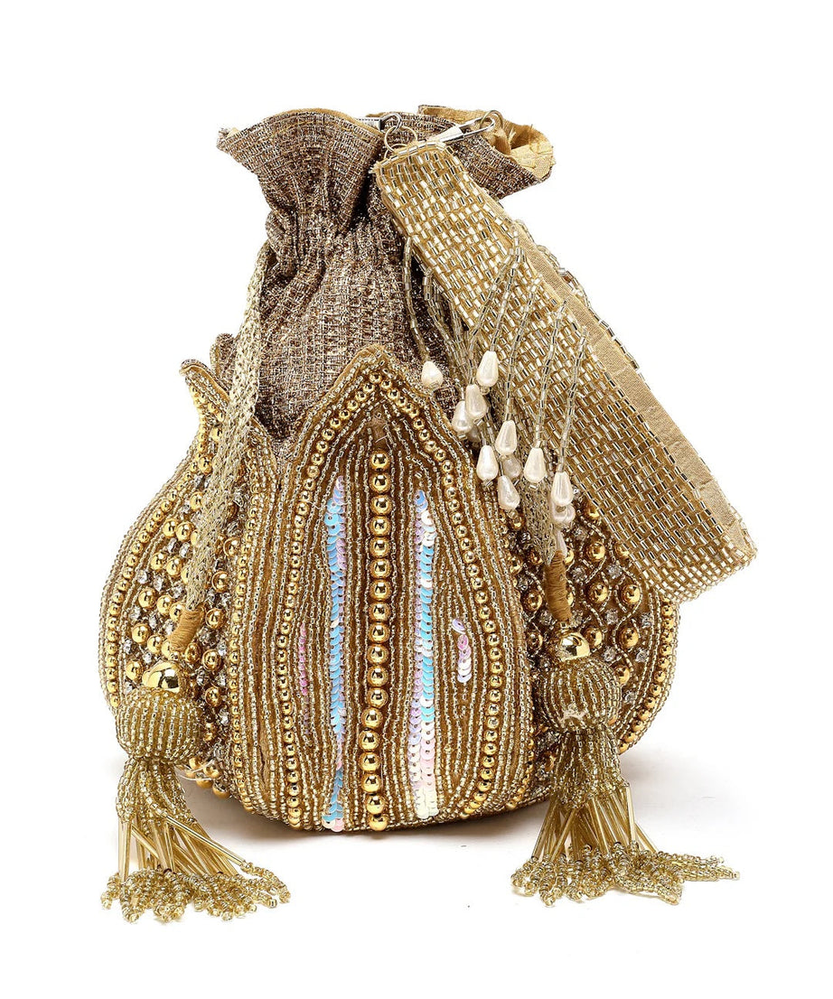 Lotus Stone Work Embellished Faux Silk Potli Bag