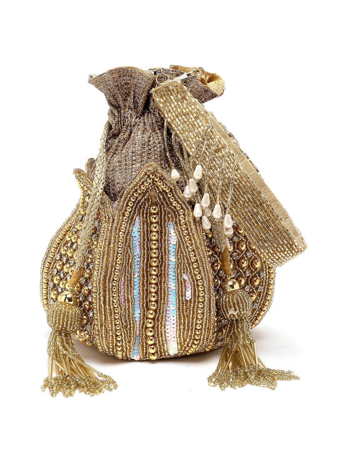 Lotus Stone Work Embellished Faux Silk Potli Bag