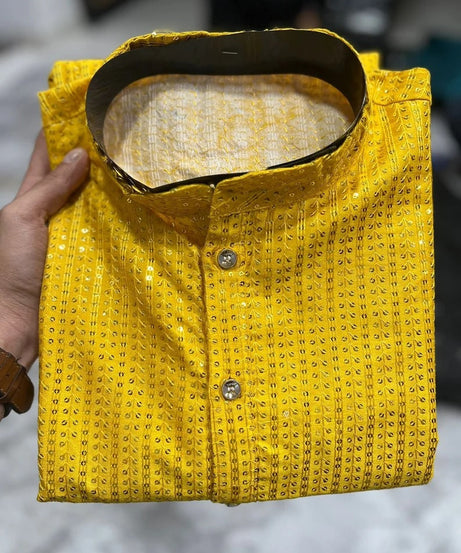 Heavy Banglori Silk With Embroidery Sequence Work Kurta Pajama Set