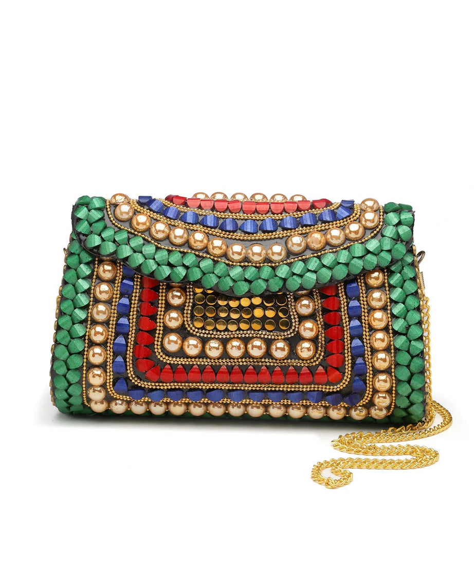 Mosaic Stone Work Embellished Metal Clutch