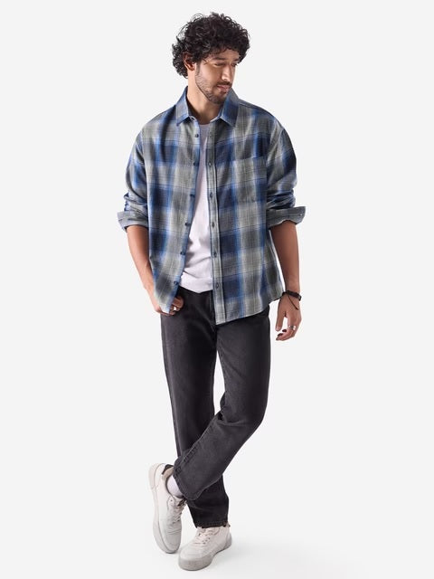 Plaid Blue & White Men Relaxed Shirts