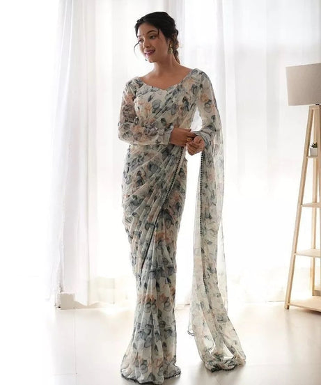 Premium Georgette With Fancy Lace Border Work Read To Wear Sari With Blouse