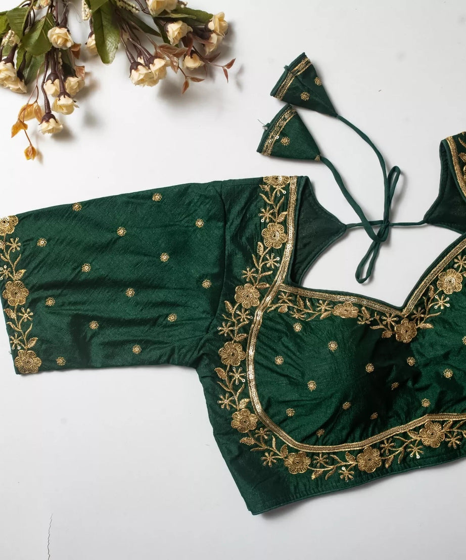 Wedding Exclusive Full Stitched Olive Silk Blouse & Choli