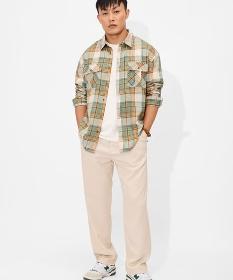 Plaid Green, Beige Men Utility Shirts