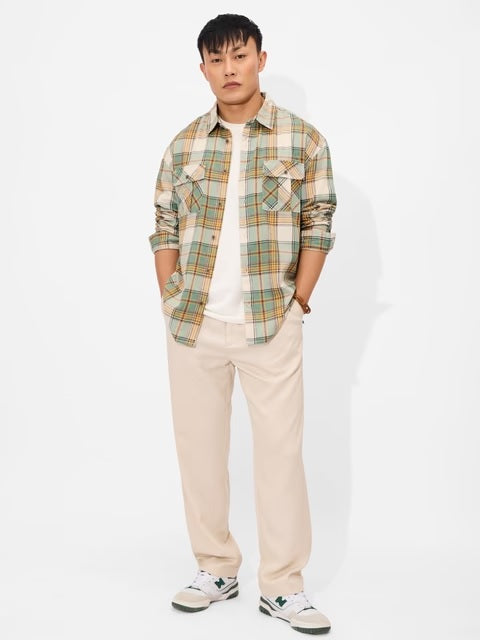 Plaid Green, Beige Men Utility Shirts