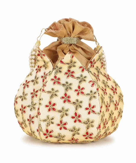 Lotus Floral Embroidered Faux Silk Potli Handbag