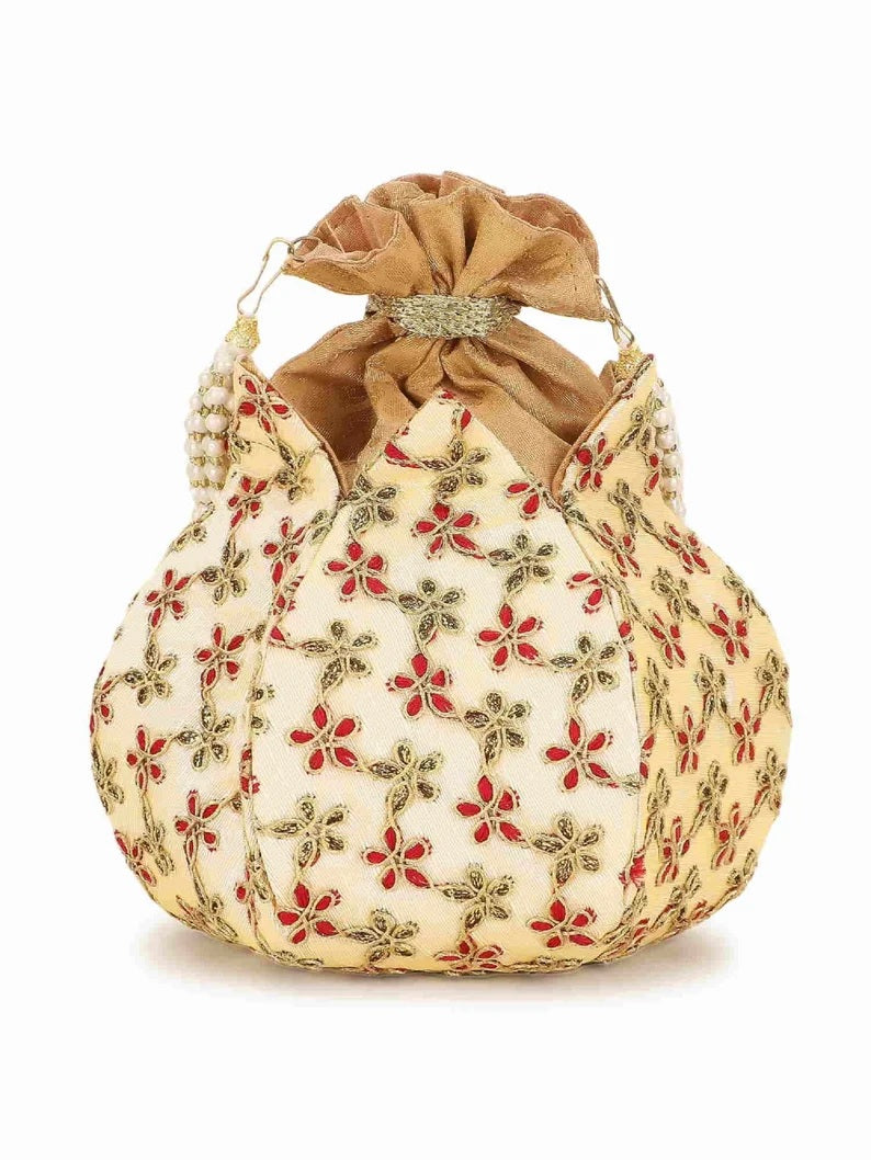Lotus Floral Embroidered Faux Silk Potli Handbag