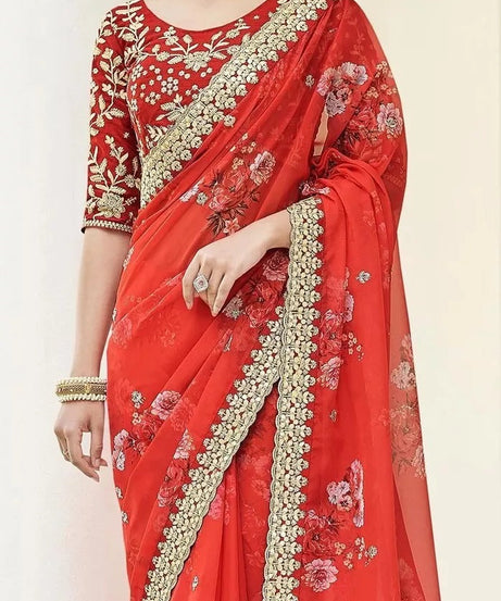 Soft Vichitra Silk Embroidery Sequence Work Saree With Blouse