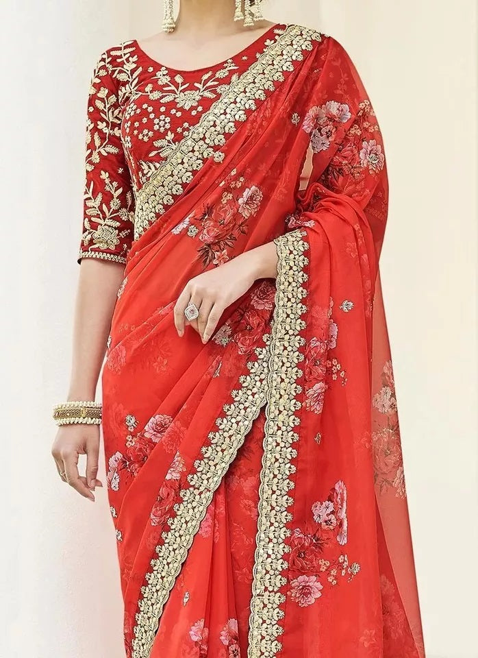 Soft Vichitra Silk Embroidery Sequence Work Saree With Blouse