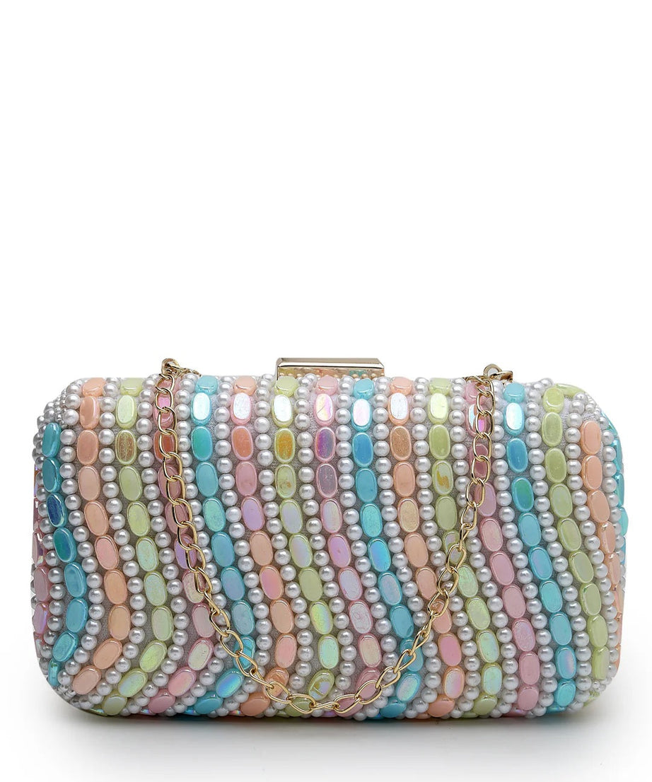 Adorn Wave Embellished Faux Silk Clutch