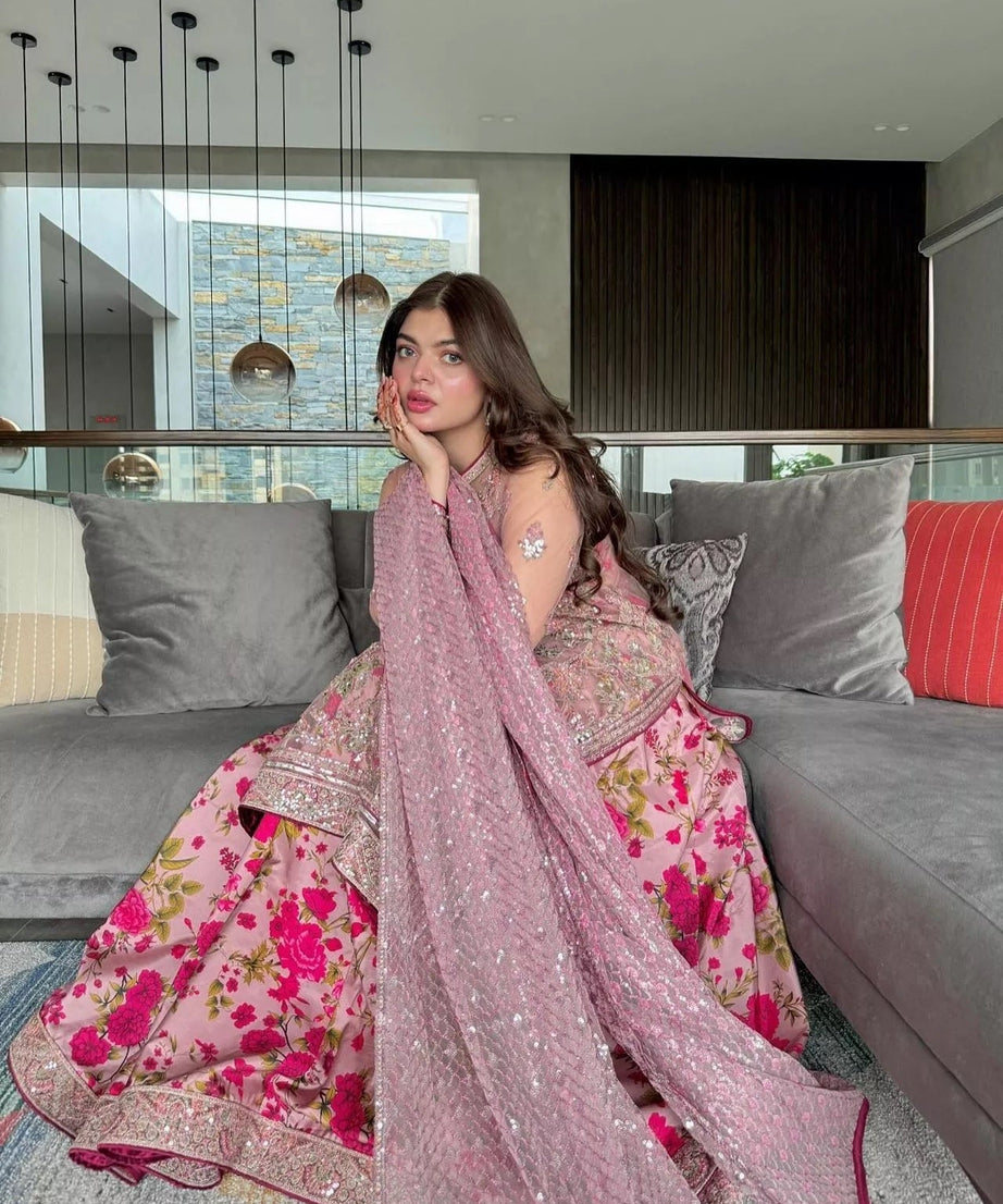 Butterfly Net With Thread & Sequence Work Bollywood Style Top Lehenga & Dupatta