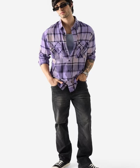 Plaid Purple And Black Men Utility Shirts