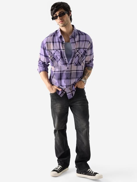 Plaid Purple And Black Men Utility Shirts