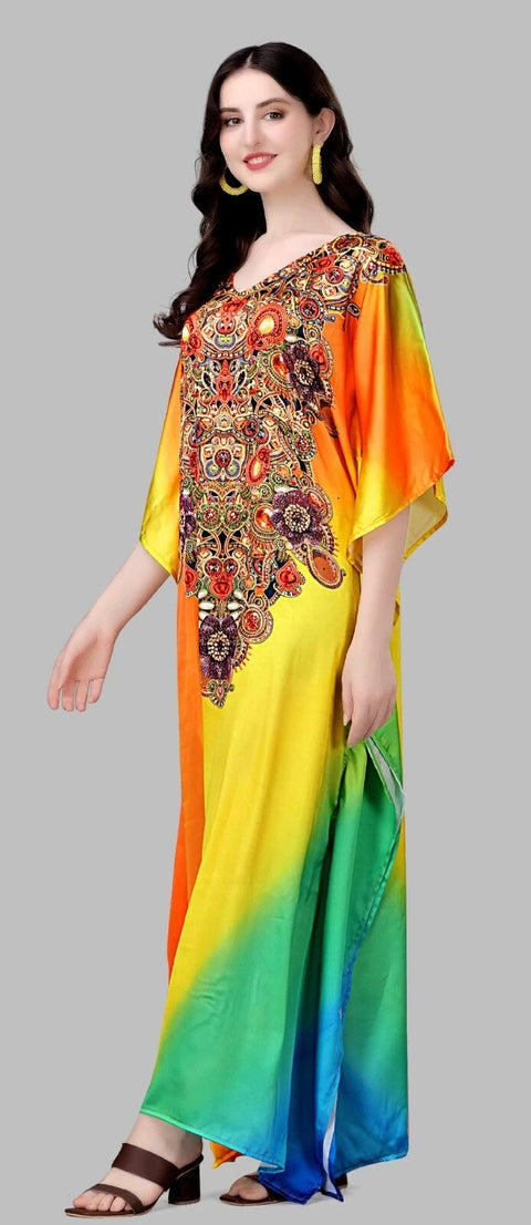 Rainbow Print Long Kaftan Dress For Women Soft Loungewear