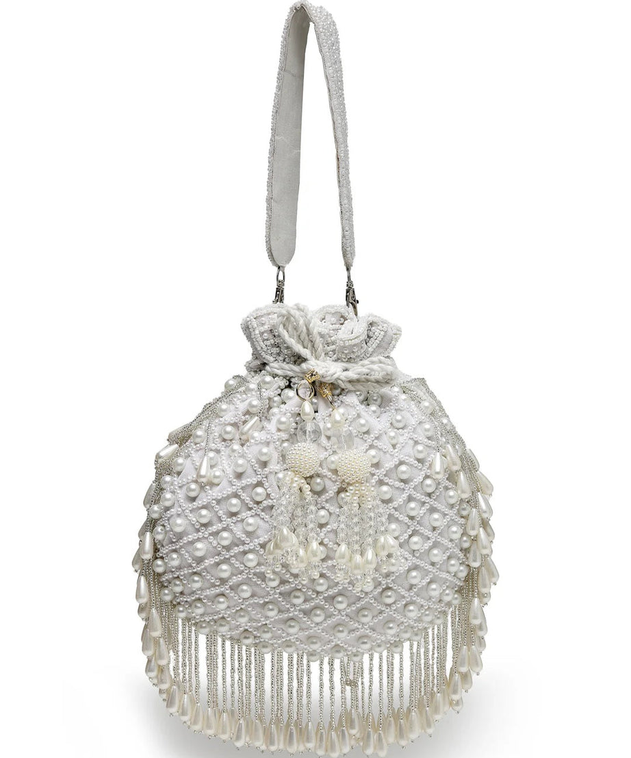 Droop Pearl Embellished Velvet Potli Bag