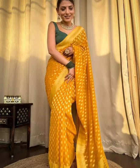 Banarasi Soft Silk Yellow Sari & Blouse