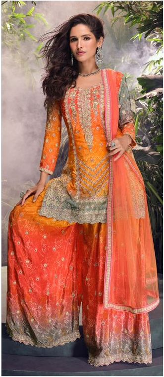 Heavy Chinon With Multi Digital Print Wedding Wear Top Bottom With Dupatta