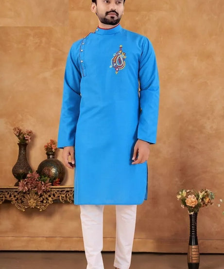 Men's Slub Cotton Kurta Pajama Set, Traditional Wedding Wear Long Kurta Set