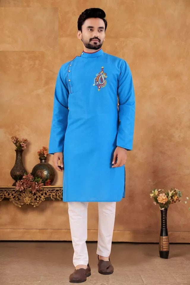 Men's Slub Cotton Kurta Pajama Set, Traditional Wedding Wear Long Kurta Set